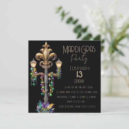Gaslamp en kralen Mardi Gras Party Kaart (Staand voorkant)