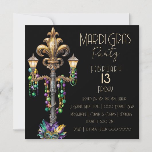 Gaslamp en kralen Mardi Gras Party Kaart (Voorkant)