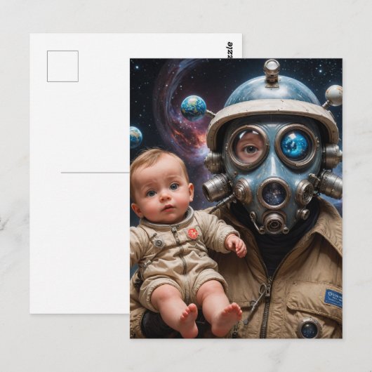 Gasmasker Alien met Baby in de ruimte Briefkaart (Voorkant / Achterkant)