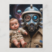 Gasmasker Alien met Baby in de ruimte Briefkaart (Voorkant)