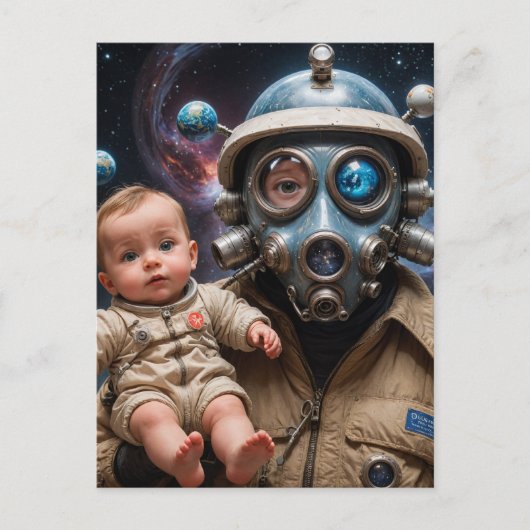 Gasmasker Alien met Baby in de ruimte Briefkaart (Voorkant)