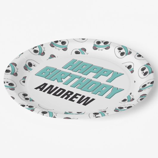 Gast Blauwgroen en Black Panda Happy Birthday Part Papieren Bordje (Gekanteld)