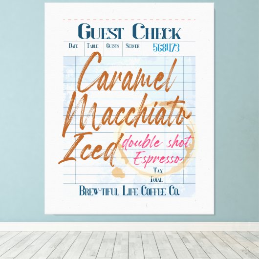 Gast Check Iced Coffee Receipt Caramel Macchiato Canvas Afdruk (Insitu (Houten vloer))