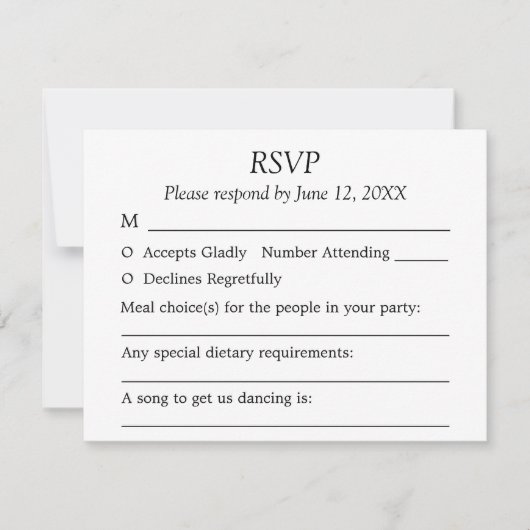 Gast keuzes Elegante minimalistische bruiloft RSVP (Voorkant)