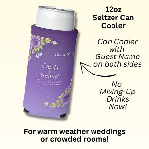 Gast Naam Paarse Mauve Bloemen & Witte Bruiloft Seltzer Blikjeskoeler