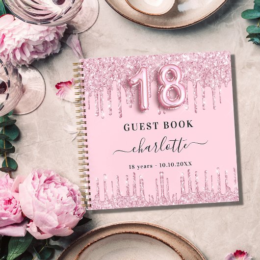 Gastboek 18e verjaardag blush roze glitter name notitieboek
