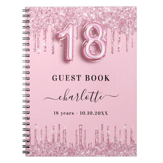 Gastboek 18e verjaardag roze glitter druppelt naam notitieboek (Voorkant)