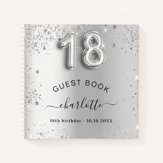 Gastboek 18e verjaardag zilverglitter naam glam notitieboek (Voorkant)