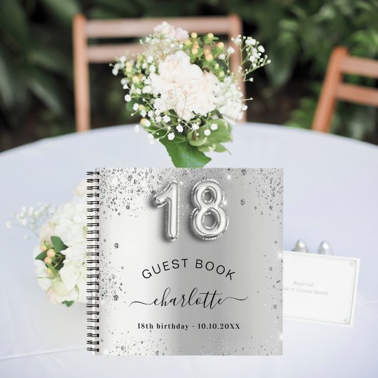 Gastboek 18e verjaardag zilverglitter naam glam notitieboek