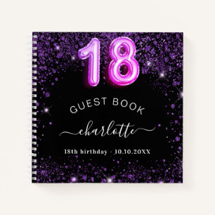 Gastboek 18e verjaardag zwarte paarse glitter naam notitieboek