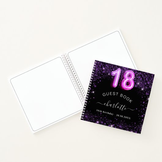 Gastboek 18e verjaardag zwarte paarse glitter naam notitieboek (Binnen)
