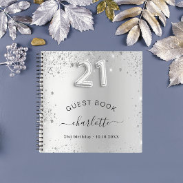 Gastboek 21ste verjaardag zilverglitter, naam glam notitieboek