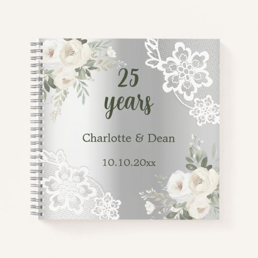 Gastboek 25ste huwelijksverjaardag zilveren bloeme notitieboek (Voorkant)