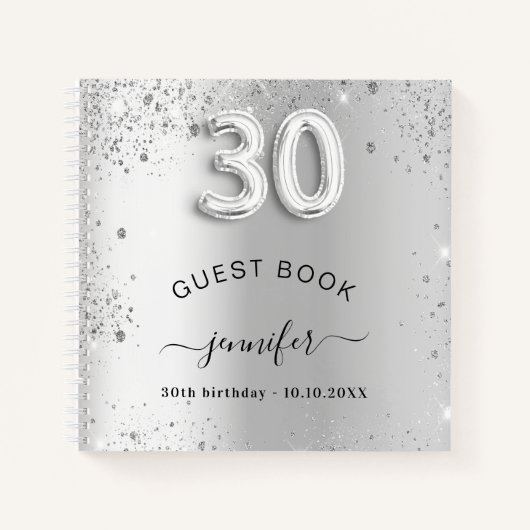 Gastboek 30e verjaardag zilverglitter naam glam notitieboek (Voorkant)