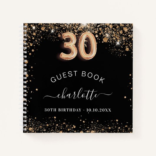 Gastboek 30e verjaardag zwarte gouden glitter naam notitieboek (Voorkant)