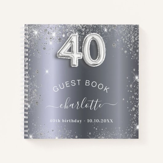 Gastboek 40e verjaardag zilverglitter naam glam notitieboek (Voorkant)