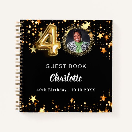 Gastboek 40e verjaardag zwart gouden sterren foto notitieboek (Voorkant)