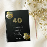 Gastboek 40e verjaardag zwarte goudluiphoed notitieboek<br><div class="desc">Voor een elegante 40e verjaardagsfeestje. Een zwarte achtergrond,  versierd met ballonnen. Nummer 40 wordt geschreven met een trendy ballonstijldoopvont,  luipspatroon. Pas een naam en een datum aan en voeg deze toe. Het woord verjaart wordt geschreven met een modern handgeschreven stijlmanuscript met swashes.</div>