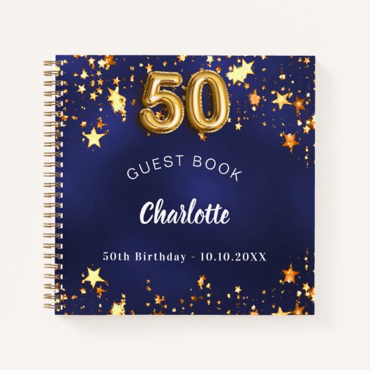 Gastboek 50ste verjaardag marineblauw gouden sterr notitieboek (Voorkant)