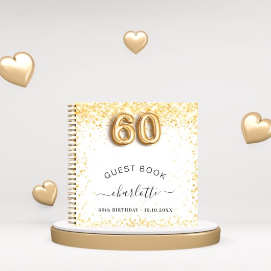 Gastboek 60e verjaardag witte goudglitter notitieboek