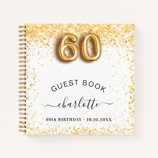 Gastboek 60e verjaardag witte goudglitter notitieboek (Voorkant)