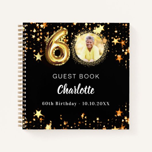 Gastboek 60e verjaardag zwart gouden sterren foto notitieboek (Voorkant)