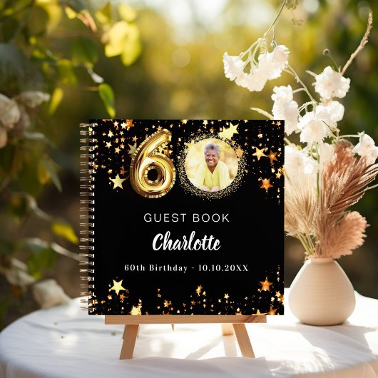 Gastboek 60e verjaardag zwart gouden sterren foto notitieboek