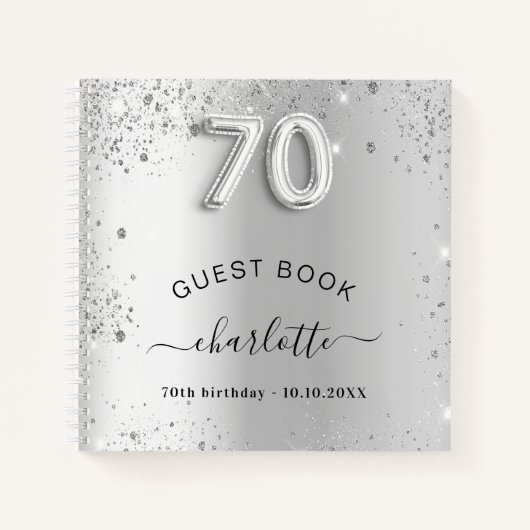 Gastboek 70e verjaardag zilverglitter naam glam notitieboek (Voorkant)