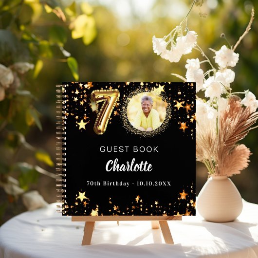 Gastboek 70e verjaardag zwart gouden sterren foto notitieboek