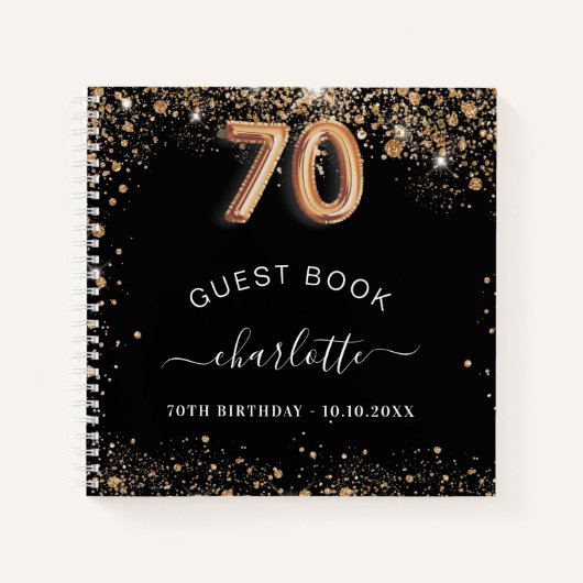 Gastboek 70e verjaardag zwarte gouden glitter naam notitieboek (Voorkant)