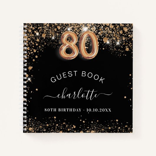 Gastboek 80e verjaardag zwarte gouden glitter naam notitieboek (Voorkant)