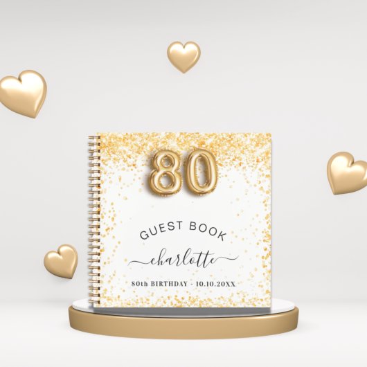 Gastboek 80ste verjaardag witte goudglitter notitieboek