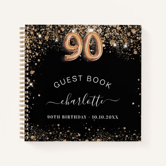 Gastboek 90e verjaardag zwarte goudglitter naam notitieboek (Voorkant)