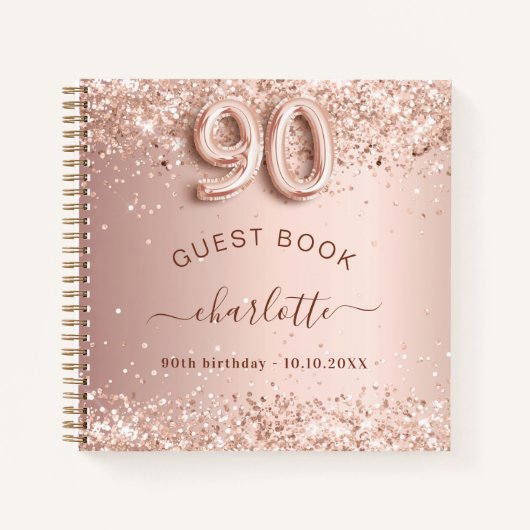 Gastboek 90ste verjaardag roos gouden glitter blus notitieboek (Voorkant)