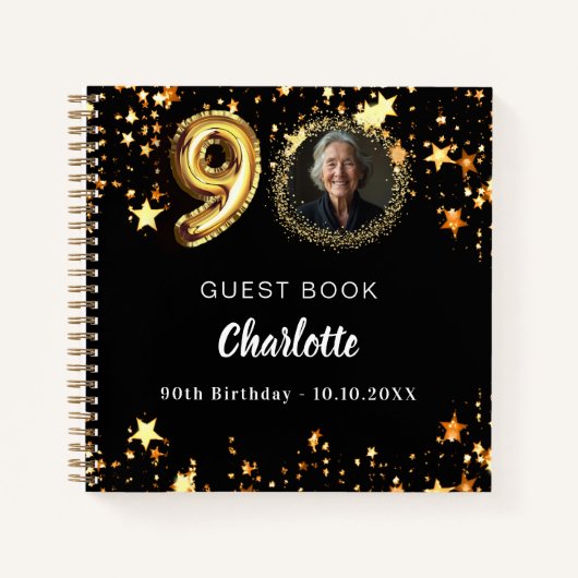 Gastboek 90ste verjaardag zwart gouden sterren fot notitieboek (Voorkant)