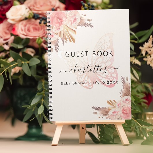 Gastboek Baby shower roze beige vlinder boho Notitieboek
