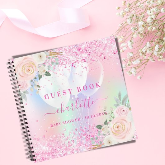 Gastboek baby shower roze bloemkolen holografisch notitieboek