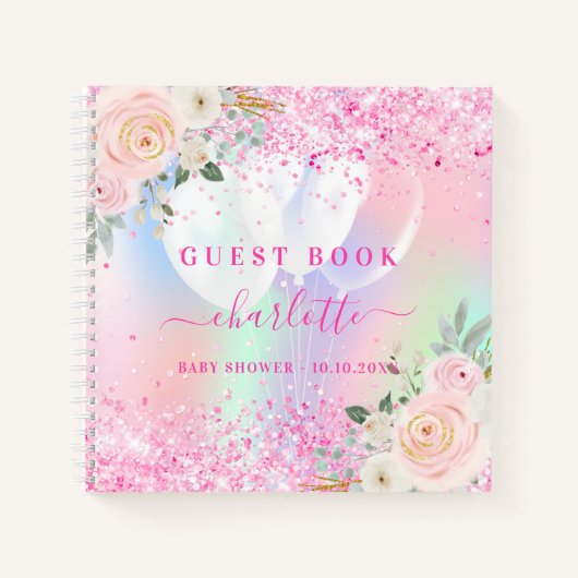 Gastboek baby shower roze bloemkolen holografisch notitieboek (Voorkant)
