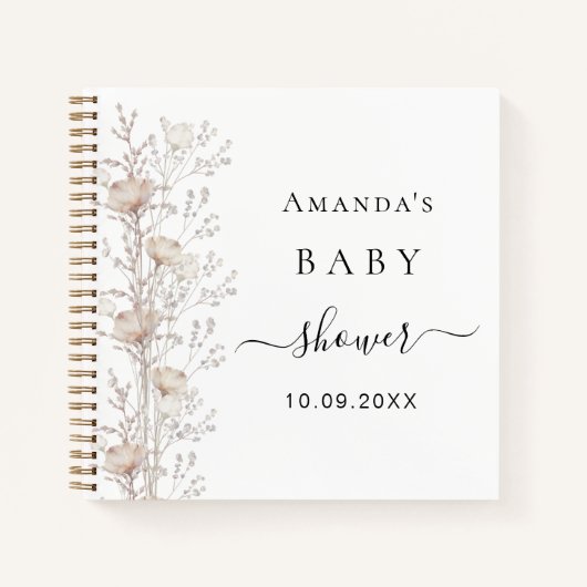 Gastboek Baby shower wilde bloemen beige crème Notitieboek (Voorkant)