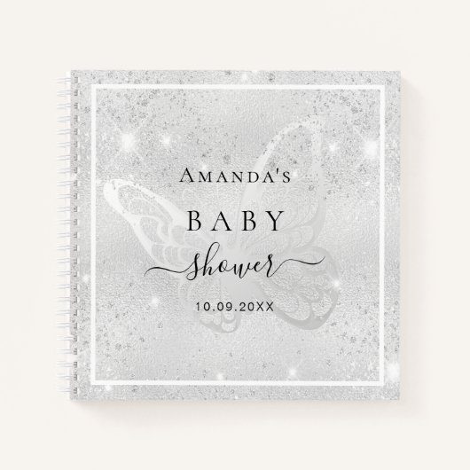 Gastboek baby shower zilveren vlinderglitter notitieboek (Voorkant)