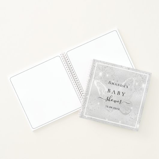 Gastboek baby shower zilveren vlinderglitter notitieboek (Binnen)