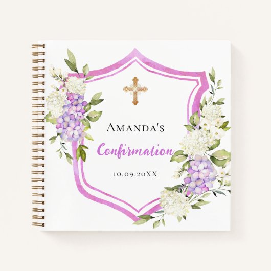 Gastboek Bevestiging crest roze paarse bloemen Notitieboek (Voorkant)