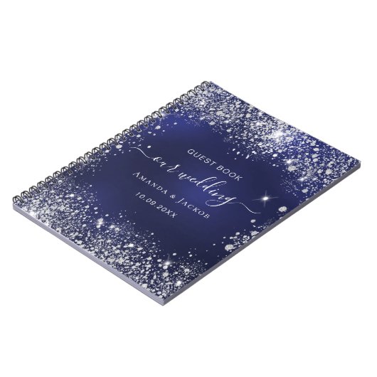 Gastboek bruiloft navy blue zilver glitter notitieboek (Linkerzijde)