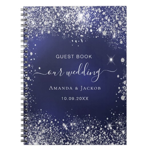 Gastboek bruiloft navy blue zilver glitter notitieboek (Voorkant)