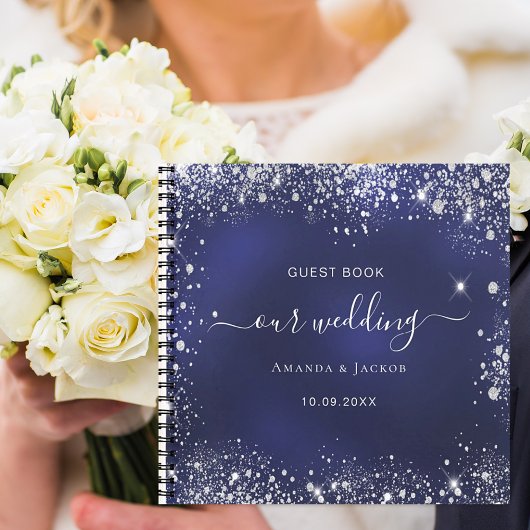 Gastboek bruiloft navy blue zilver glitter notitieboek