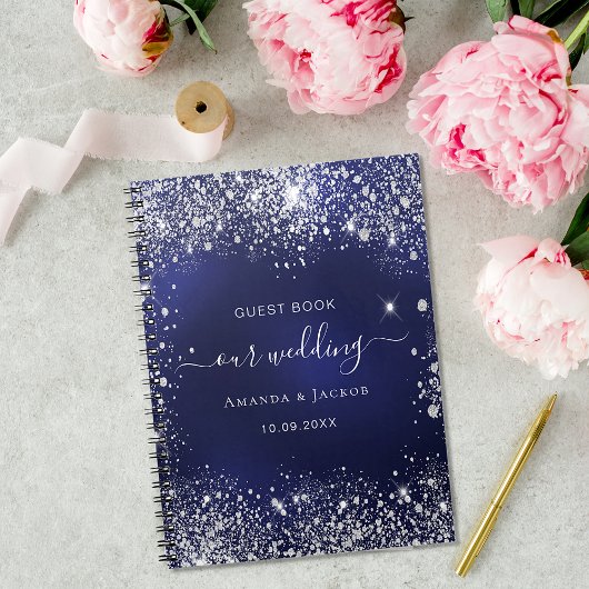 Gastboek bruiloft navy blue zilver glitter notitieboek