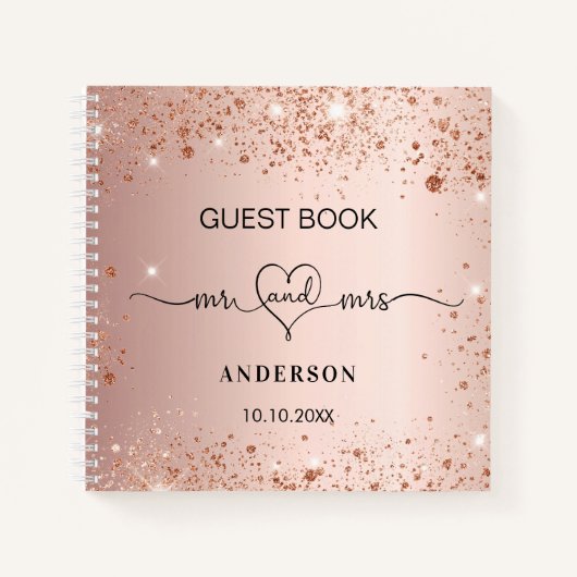 Gastboek bruiloft roos goud blush glitter mrs notitieboek (Voorkant)