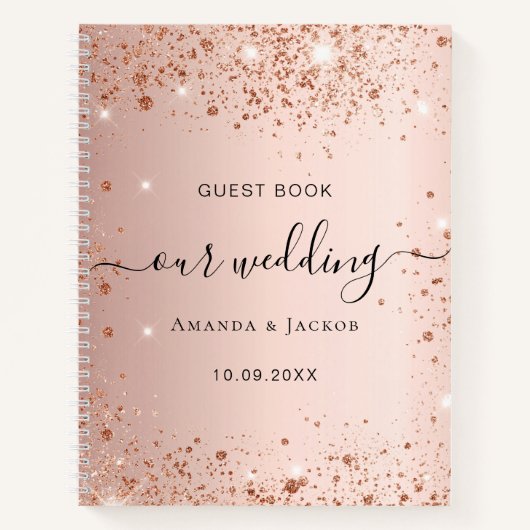 Gastboek bruiloft roos goudbruine glitternamen notitieboek (Voorkant)