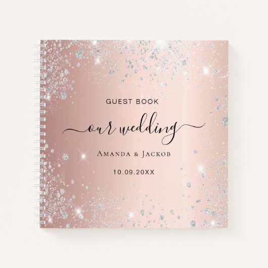 Gastboek bruiloft roos gouden zilveren sparkles notitieboek (Voorkant)
