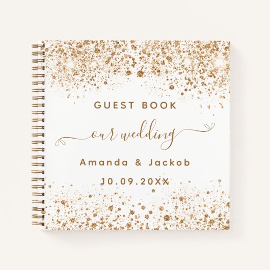 Gastboek bruiloft wit goud glitter script notitieboek (Voorkant)